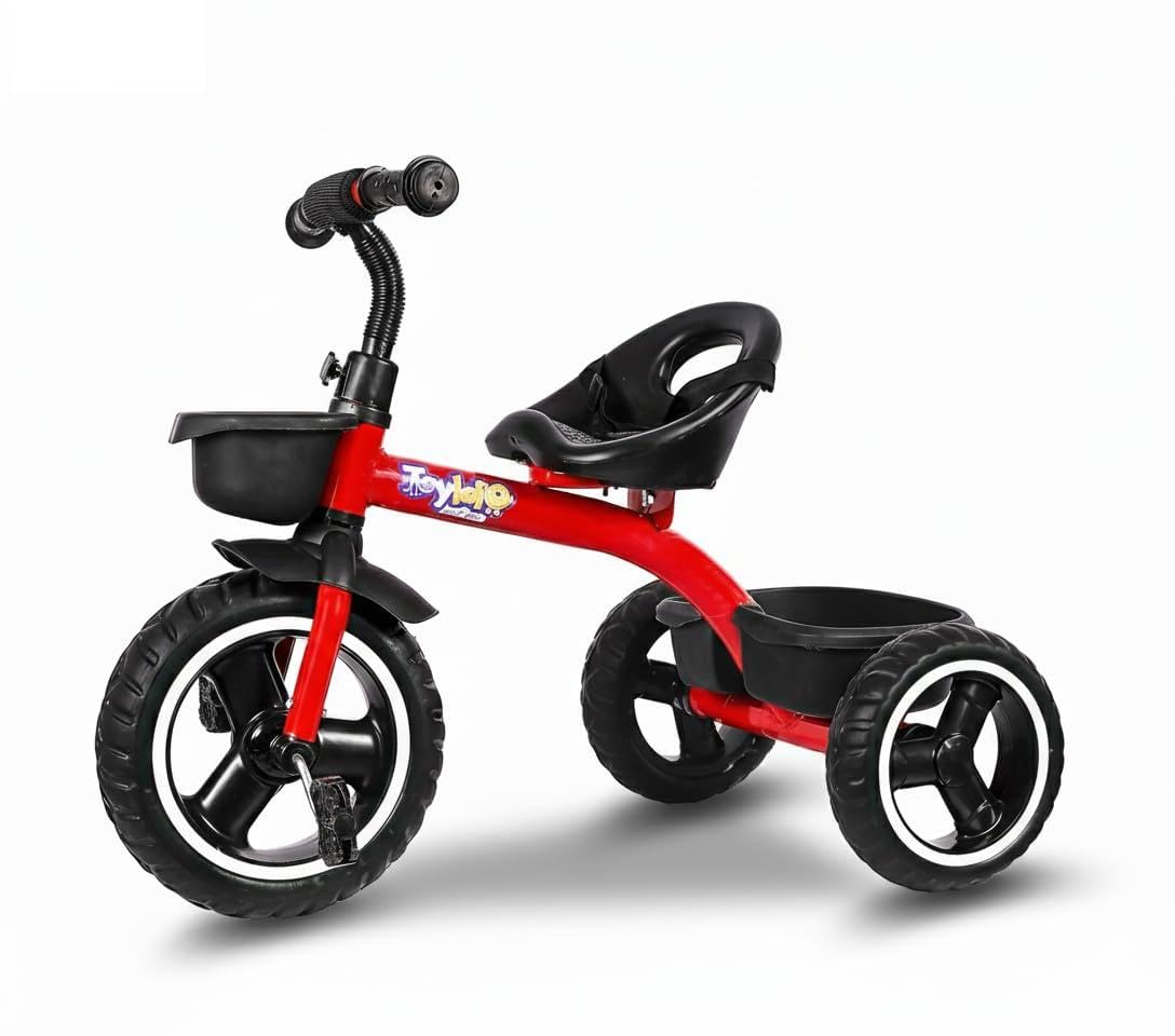 TOYLELO® Trike on 3 Wheels with Safety Harness, Non-Slip Pedal, Storage Basket and Removable Parent Handle, Chrome Handle (Red)-image-1