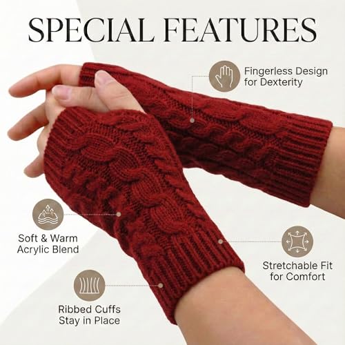 Image of Kraptick Women's Cable Knit Fingerless Gloves - Winter Soft Woolen Arm Warmers with Thumb Hole - Thermal Half Finger Mittens for Typing, Driving & Texting (Free Size, Khaki)