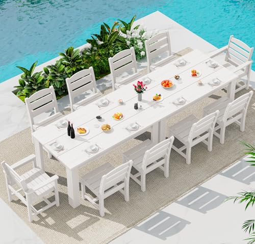 Image of SERWALL 59 inch HDPE Patio Dining Set for 10, w / 2 Tables & 10 Chairs, White | All Weather Resistant HDPE Dining Sets for Patio, Garden, Backyard
