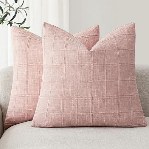 Image of Foindtower Set of 2 Decorative Linen Check Throw Pillow Covers Neutral Farmhouse Vintage Cushion Covers Modern Boho Accent Home Decor for Sofa Chair Couch Bedroom Living Room,26x26 Inch,Light Pink