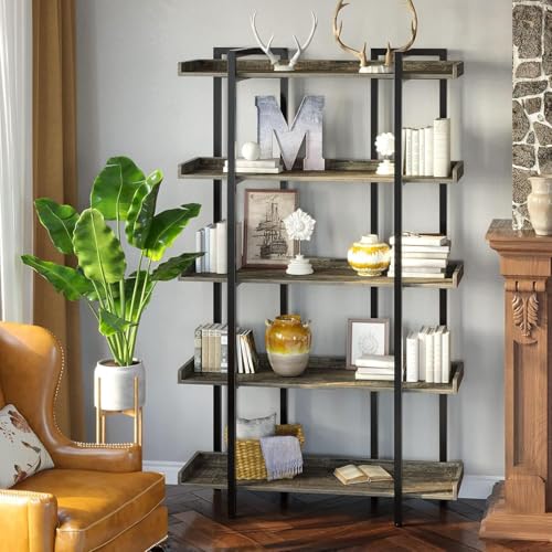 Image of Rolanstar Book Shelf 5-Tier, 68.9''H Tall Bookshelf for Home Office, Open Wood Display Shelves, Large Standing Bookcase with Metal for Living Room, Industrial Corner Bookshelf Grey