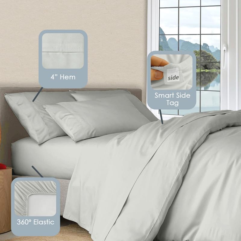 Pizuna Twin Sheet Set 100% Luxury Cotton 1000 Thread Count Soft Sateen Weave Breathable Hotel Quality Cooling Bed Sheets Twin Size Bedding Set with Deep Pocket & Easy Fit Bedsheet (3PC) Silver - Image 3
