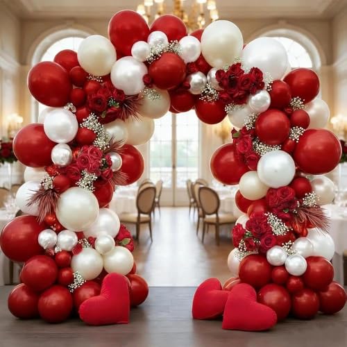 Image of Red White Balloon Garland Double Stuffed Dark Red Pearl White Balloon Arch Kit Burgundy Balloons for Birthday Wedding Bridal Shower Engagement Graduation Party Decor