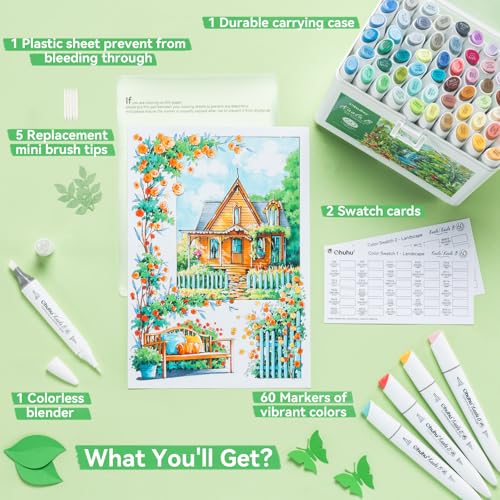 Image of Ohuhu Alcohol Markers: Mini Brush & Slim Broad 60 Landscape Colors Dual Tip Brush Tip Alcohol-based Art Marker for Artists Adults Coloring Illustration- Refillable - Kaala B Series of Ohuhu Markers