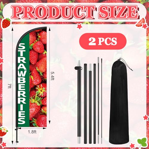 Image of Remagr 2 Pack Strawberries Feather Flag 7 ft Advertising Swooper Flag Sign Windless Strawberries Banner with Pole Kit and Ground Stake for Business Farm Fruit Stand Cart Decor
