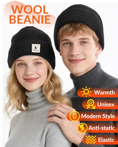 GoSkala Merinowolle Mütze Herren & Damen, Warme Wintermütze, Weich Strickmützen, Leichte Merino Beanie, Winter Wollmütze, Bequeme & Elastisch, Unisex, Einheitsgröße, Schwarz