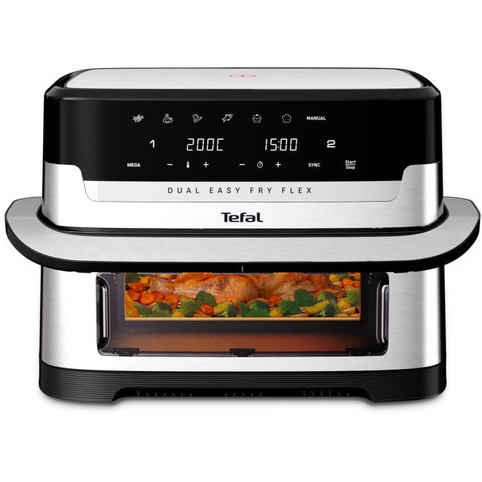 Tefal Dual Easy Fry Flex Heißluftfritteuse 9L – Airfryer mit 2 Kammern & GiantZone, FlexCook-Trennwand, 2700 W, 40–200 °C, 7 Programme, fettarm frittieren & 2 Gerichte gleichzeitig zubereiten EY922DE0