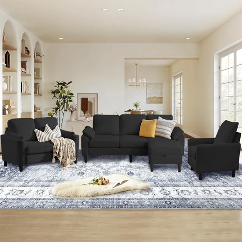 Firmacielu 4 Piece Modern Corduroy Sofa Set, L-Shaped Sectional Couch with Storage Ottoman, Loveseat & Single Arm Chair, Side Storage Pockets, Removable Cushions for Living Room Apartment