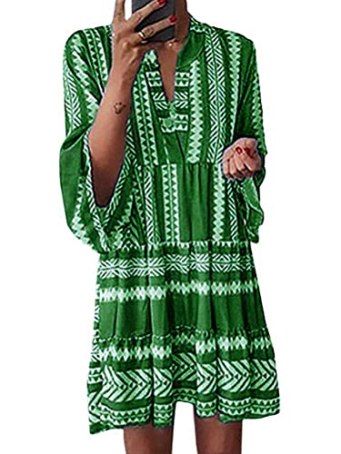 Minetom Damen Schulterfrei Strandkleid Bikini Cover Up Bikinikleid Beachwear Hemdkleid Kurzarm V-Ausschnitt Streifen Kleid Große Größe A Grün DE 50