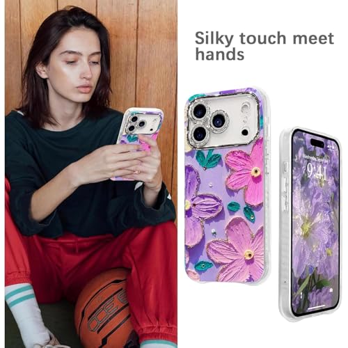 Image of Elzzi Compatible with iPhone 17 Pro Case Oil Painting Flower Colorful with Lens Prtotection Shockproof PC+TPU Glossy Back Cover for Girls Women, Pink Purple