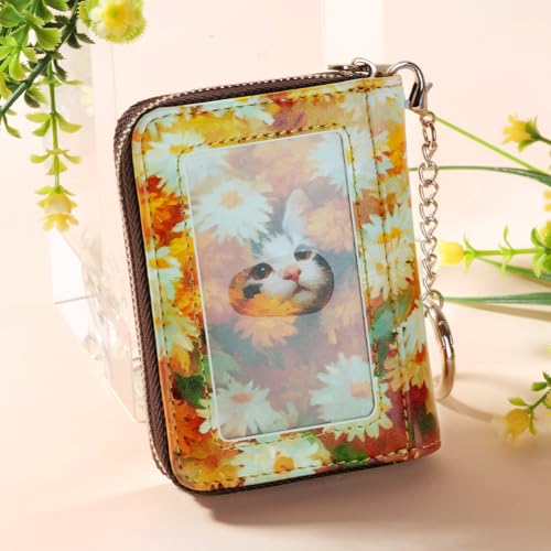 Image of FurArt Zipper Wallet Women, RFID Blocking Credit Card Wallet, Business Card Holder, Compact Size KeyChain Wallet, Daisies and Cat, small