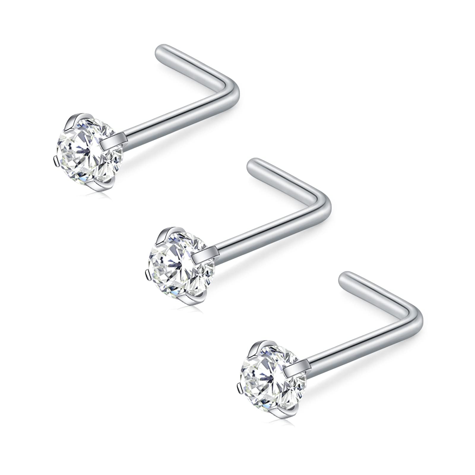 FECTAS Nose Stud L Shape Nose Ring Stud Nose Bar 18G 20G 1.5mm 2mm 2.5mm 3mm L Shaped Nose Piercing Jewellery Stainless Steel Clear Pink Blue Round Star Heart Diamond Silver Gold Black — view 3