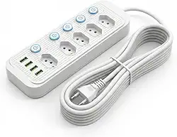 Extensão Elétrica 3 Metros, 5 Tomadas e 4 Saídas USB, Botão de Liga e Desliga, Régua Com Filtro de Linha, Protege Seus Dispositivos Contra Curtos e Sobrecargas, 110V a 220V, Até 2500W