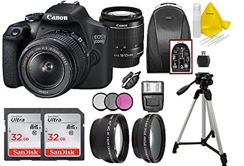 Canon EOS 2000D   Rebel T7 DSLR Camera with EF-S 18-55mm Zoom Lens + 2X SanDisk 32GB Memory Card + Tripod + Case + Wideangle Lenses + Top Knotch Bundle