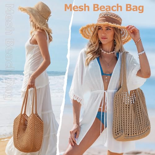 Image of Tavaleu Crochet Tote Beach Bags for Women, Mesh Beach Tote Knit Bag, Summer Vacation Aesthetic Boho Hobo Shoulder Bag