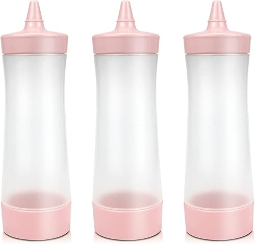 DOERDO - 3 botellas de plástico para salsa, condimento, ensalada, aderezo, salsa de tomate, aceite de oliva, barbacoa, con tapa tapa (rosa)