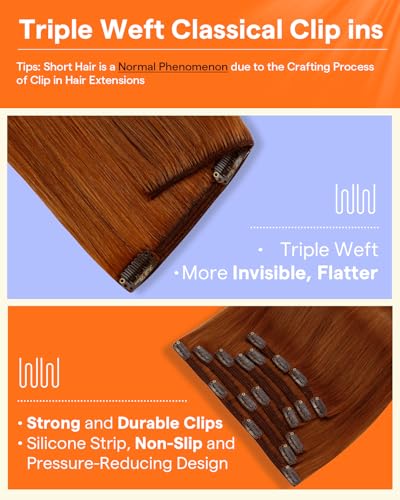 Image of Full Shine Clip in Hair Extensions 24 Inch Copper | Human Hair Clip in Extensions, Straight Invisible Hair, Brazilian Remy Human Hair Copper Red, 7 Pcs 120g