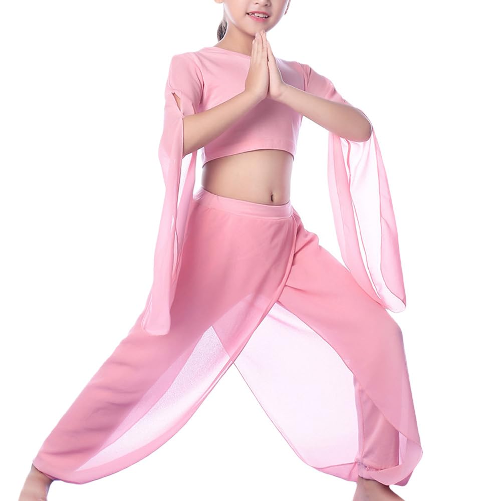 Libaobaoyo Girls 2 Piece Dance Outfits Ballet Yoga Top Chiffon Pants Set Gymnastics Ballerina Kids Practice Costume