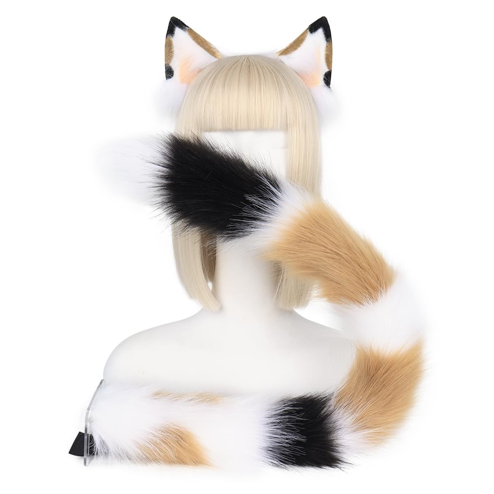 QinRuan Animal Cosplay Costume Accessories Furry Faux Fur Cat Ears Headband and Fox Tail Set Halloween Accessory: 2-sh