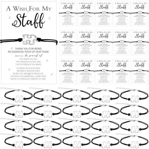 HAOWANWW Juego de 20 pulseras de agradecimiento para empleados, pulseras de rompecabezas a granel con tarjetas de agradecimiento, pulseras ajustables de equipo de deseos, pulsera de amistad