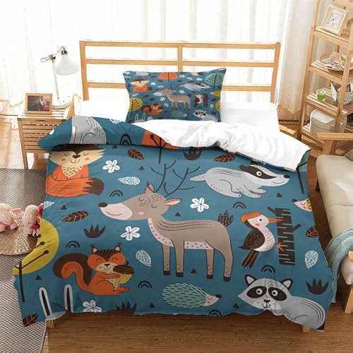 Housse de couette cerf et écureuil 3D pour lit simple 135x200 cm avec taies - 3