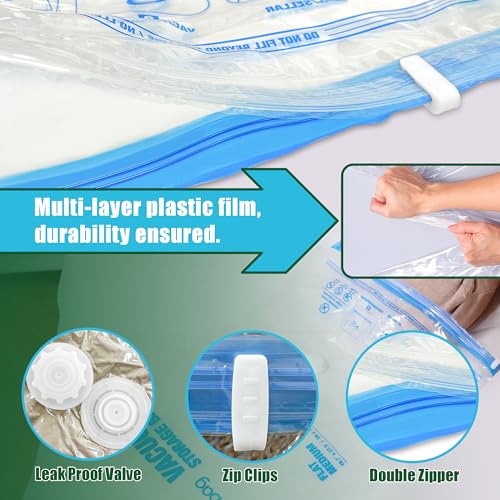 Image of Vacuum Storage Bags, Vacuum Seal Bags for Clothing, 5 Jumbo 5 Large | Extra Large XL, Airtight Triple Seal, Save 80% Space, Hand Pump, Work with Vacuum, Double Zip, Reusable, Easy to Use