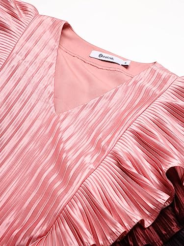 Image of BEATNIK Satin Ruffled Sleeves Self Peach Puff Women Dresses