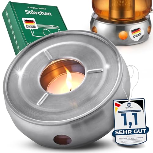Neighbour's Friend® Stövchen groß kratzfrei für alle Teekannen aus Glas Porzellan Gusseisen Ton - 2-teiliger Teewärmer aus Edelstahl - Teestövchen für alle Größen - Teelicht Wärmer