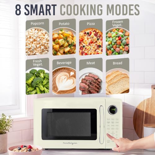 Image of Nostalgia Retro Microwave Oven - 1.1 Cu Ft, 1000-Watt Countertop Size with Glass Turntable, Child Safety Lock, 8 Auto-Cook Programs, Digital Clock - Ivory