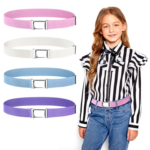 Heveer Elastischer Gürtel Kinder Gürtel für Jungen Mädchen Verstellbar Stretchgürtel für Jeans Hosen Kleid 4 Stück Weiß Blau Rosa Lila
