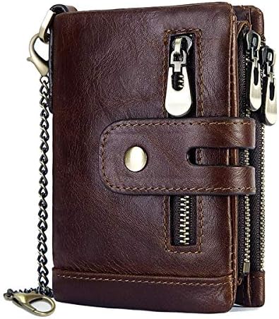 REETEE Mens Wallet RFID Blocking Men's Genuine Leather Wallet and Zipper Coin Pocket Bifold Purse with Chain 16 Credit Card Holder Genuine Leather Gents Wallets Slim Purse (Coffee)