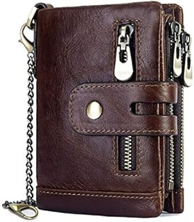 REETEE Mens Wallet RFID Blocking Men's Genuine Leather Wallet and Zipper Coin Pocket Bifold Purse with Chain 16 Credit Card Holder Genuine Leather Gents Wallets Slim Purse (Coffee)