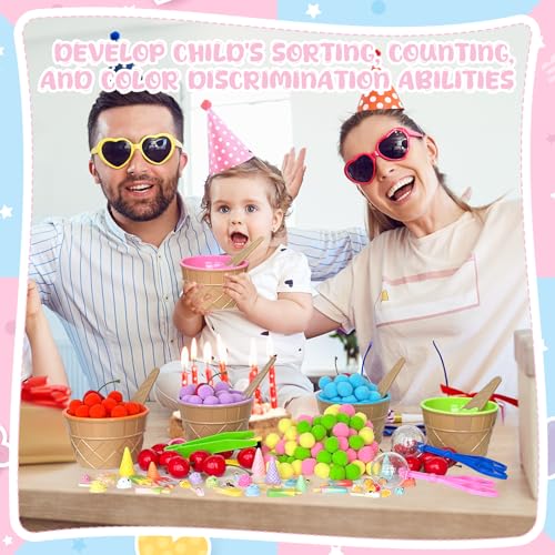 Image of 252 Pcs Summer Ice Cream Sensory Bin Filler Ice Cream Fine Motor Counting and Color Sorting Set Colorful Felt Pom Pom for Summer Sorting Counting Training Preschool Education Classroom Activities