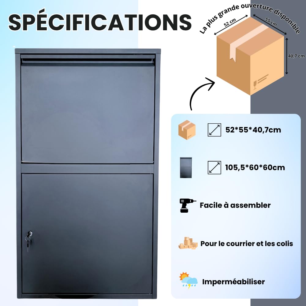 Plus Grande Boîte à Colis – Boîte aux Lettres Colis – Anthracite – Pose Libre ou Fixation au Sol – 105,5 x 60 x 60 cm – Colis Jusqu’à 52 x 55 x 40,7 cm – Tapis Amortisseur Offert - ParcelXL®