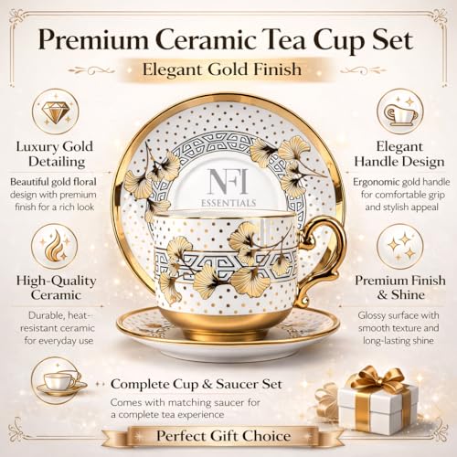 Image of NFI essentials Ceramic Cup & Saucer Set of 6 Pcs, Tea /Coffee Cup, Microwave & Dishwasher Safe, Premium Mug Perfect for Daily Use, Office, Gifting Elegant Golden Color Design 200ML