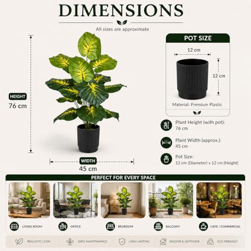 Image of Cocco.BUA Artificial Dieffenbachia Plant with Black Pot |18 Leaves | 76 cm (2.5 Feet) Tall Realistic Indoor Plant for Living Room, Office & Home Decor