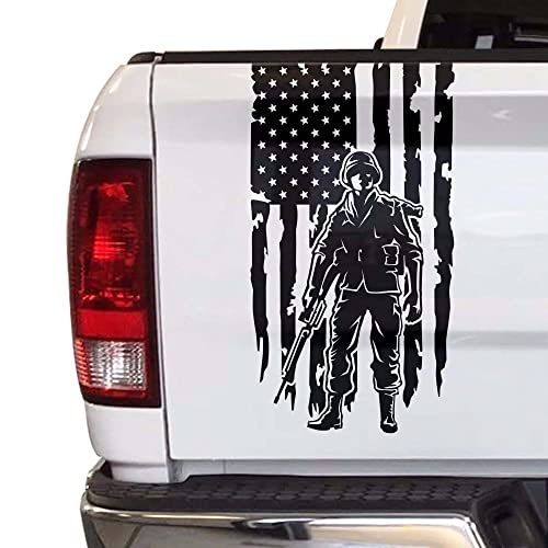 Soldier Enlisted Man Fighter U.S. Army USAF USMC Distressed American USA US Flag Truck Tailgate Vinyl Decal Fits most Pickup Trucks Veteran Retired Military Sticker (11