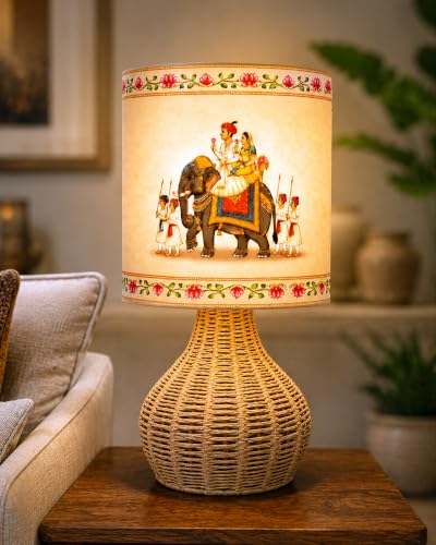 Image of Homesake Handwoven Rattan Table Lamp with Rajasthani Art Printed Fabric Shade, Decorative Raffia Spinning Bedside Lamp, Boho Table Lamp with E27 Holder, Living Room, Bedroom & Home Decor