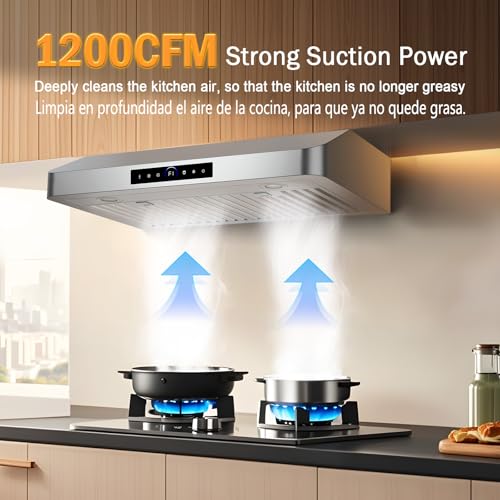 Image of Under Cabinet Range Hood 30 Inch, 1200 CFM, 4-Speed Kitchen Hood, 30 Stainless Steel Kitchen Stove Vent Hoods 30 Inch with 2 LED Lights Standard
