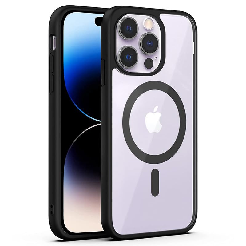 Unique View Magnet Case Support Mag-Safe Charging | PC Crystal Hybrid TPU | Transparent Scratch-Resistant Back Cover for Compatible iPhone 14 Pro Max [Black]