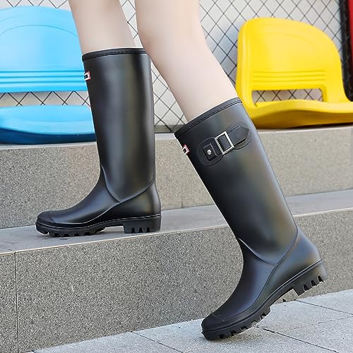 Jesindr Damen Halbhoch Gummistiefel, Mode Protective Gummischuhe, Bequem Rutschfesten Atmungsaktiv Damen Gummistiefel, Schwarz, 41 EU