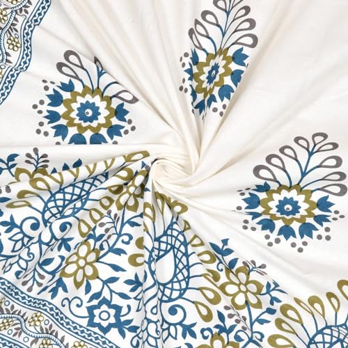 Image of YOKSH Handlooms - Premium Jaipuri 100% Cotton 240 TC|SuperKing Jumbo Size 120x120 INCH,10x10 FEET,304 CM|1 Flat BEDSHEET|2 Flap Pillow Covers|AZO-Free Colors (Mehandi White Peacock Animal - 1207)