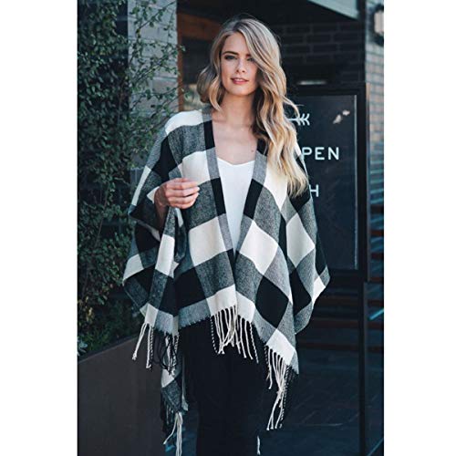 TD Collections Women's Woven Buffalo Plaid Ruana Wrap Shawl, Scarf, Baseball Hat (Black/Red)2