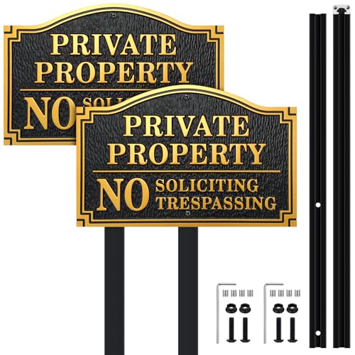Fiwochic 2 Pack Private Property No Trespassing Statement Plaque Solid Metal Cast Yard Sign Heavy Duty Material Embossed Letters 11.5"×7.5" with 31.5" Stakes