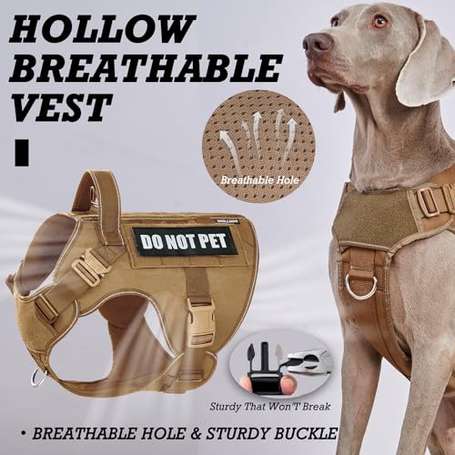 Image of Tactical Dog Harness for Large, No Pull Adjustable Reflective MOLLE Service Dog Harness with Do Not Pet Patches, Military K9 German Shepherd Dog Vest for Training Walking Hunting Brown