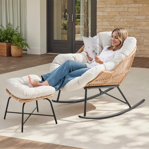 ONBRILL Papasan Rocking Chair with Ottoman,Oversized Papasan Chair with Padded Cushion, Indoor & Outdoor Rocker Chair for Living Room, Patio, Garden, Cream White