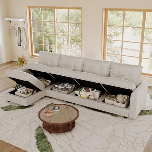 Image of LLappuil 112 inch Modular Sectional Sofa with Storage, L-Shaped 5-Seat Corduroy Couch with 4 Throw Pillows, Pet-Friendly Convertible Sofa for Small Living Room & Apartment, Skin-Friendly, Beige