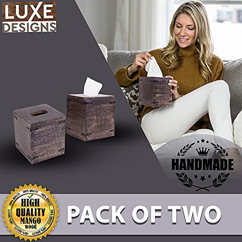 Luxe Designs Rustic Wood Tissue Box Cover with Slide-Out Bottom Panel - Decorative Mango Wood Tissue Box Holder for Bathroom, Car, or Office Desk - 5.7 x 5.7 x 6.5 Inches, Dark Burnt (Set of 2)