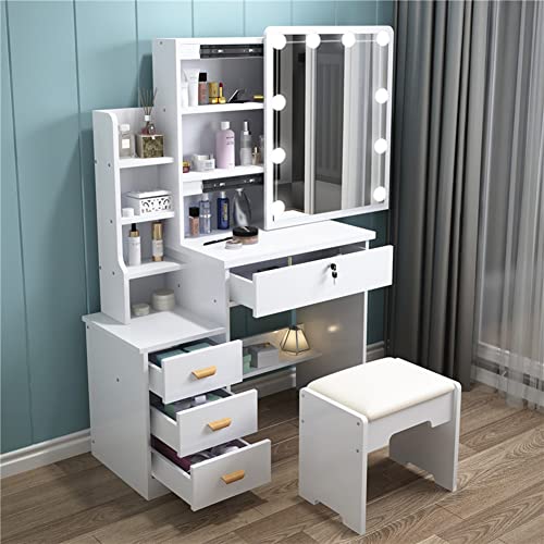 Dressing Table with Sliding Lighted Mirror Makeup Vanity Set with Storage Drawers Hidden Shelves Cushion Stool White Dressing Table with Sliding Lighted Mirror Makeup Vanity Set with Storage Drawers Hidden Shelves Cushion Stool White