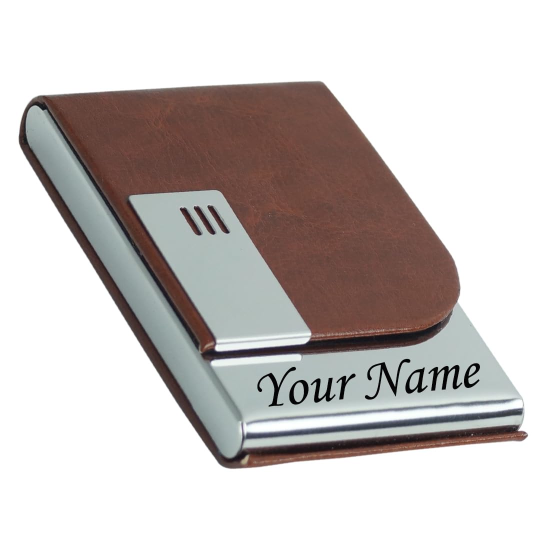 stainless steel customized/personalized your name on luxurious vertical card holder for men women 15-20 business visiting card and 5-8 debit/credit card rfid blocking corporate gift (brown silver-pti)